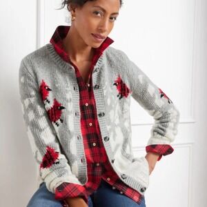 Talbots Snow Cardinals Knit Cardigan Womens Size 3X Wool Blend Sweater Grey Bird